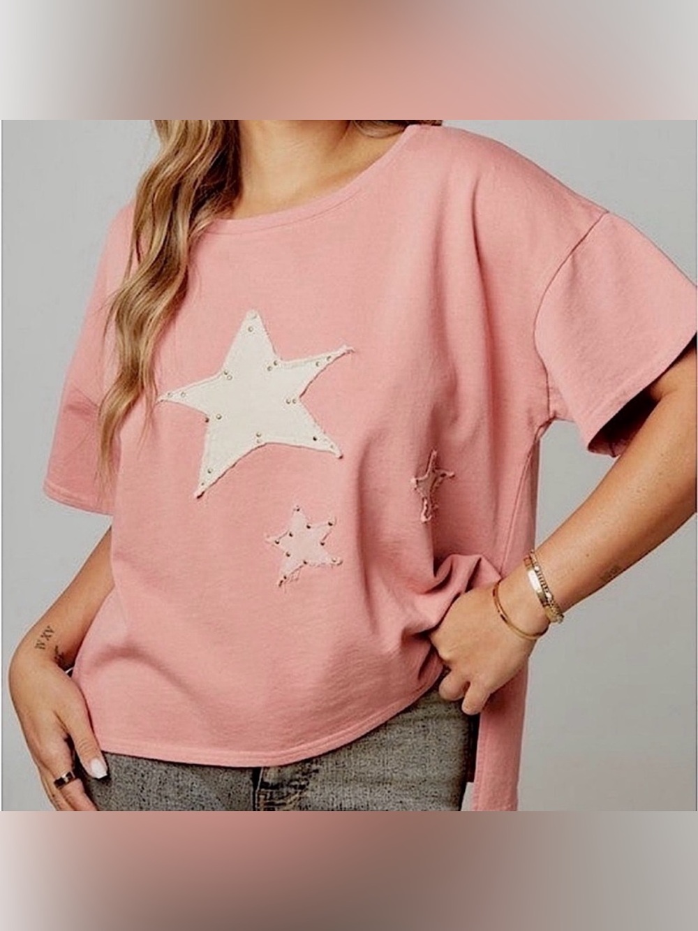 Peach Love California‎ Rose Pink Star Patch Short Sleeve Tee - Large